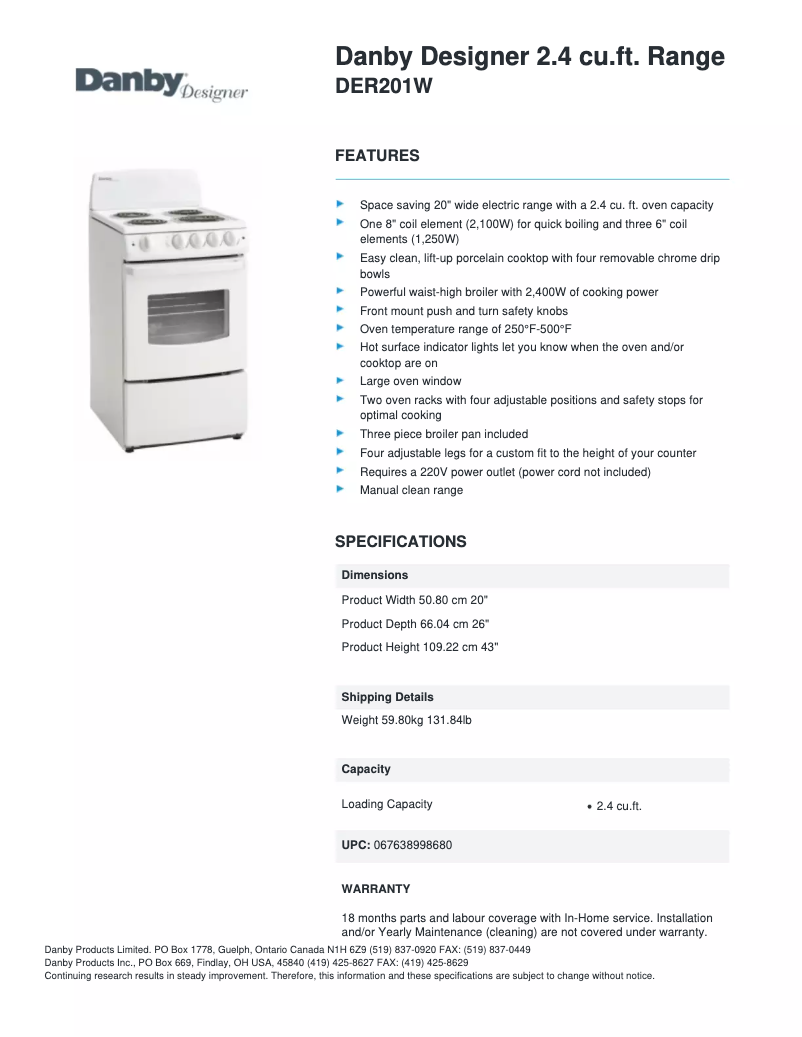 Página 1 del manual Ficha técnica Danby DER201W