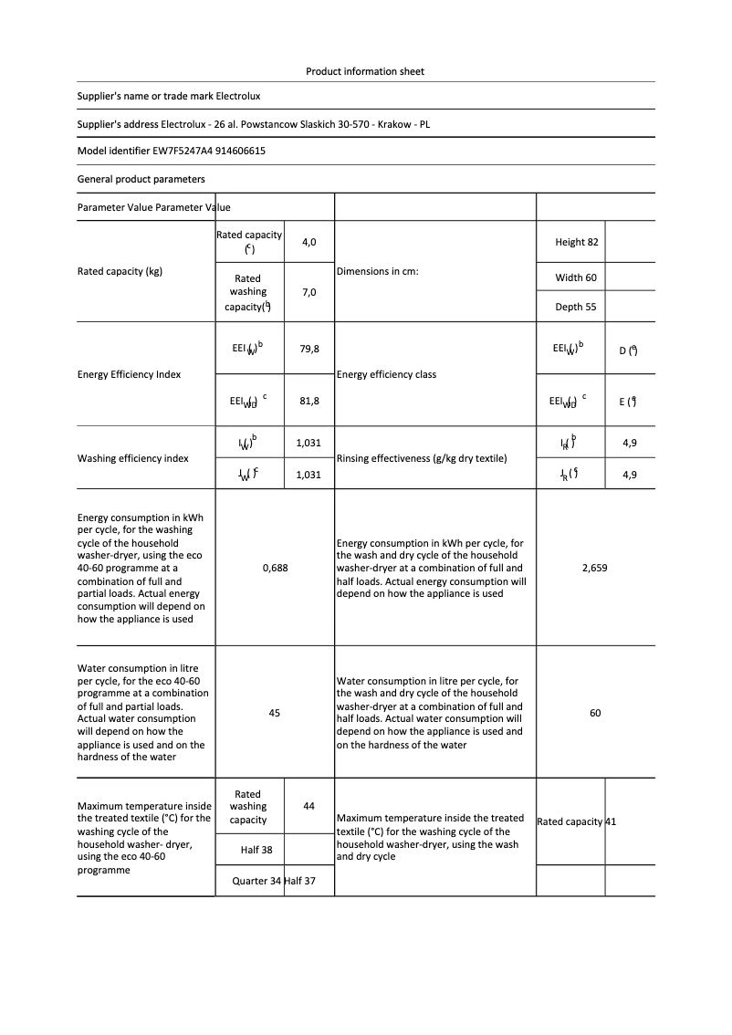 Page n°1 - Fiche technique Electrolux EW7F5247A4