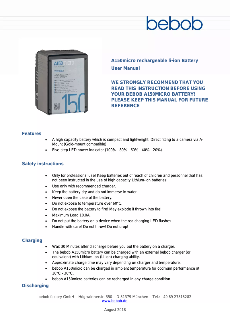 Page 1 de la notice Manuel utilisateur Bebob A150micro