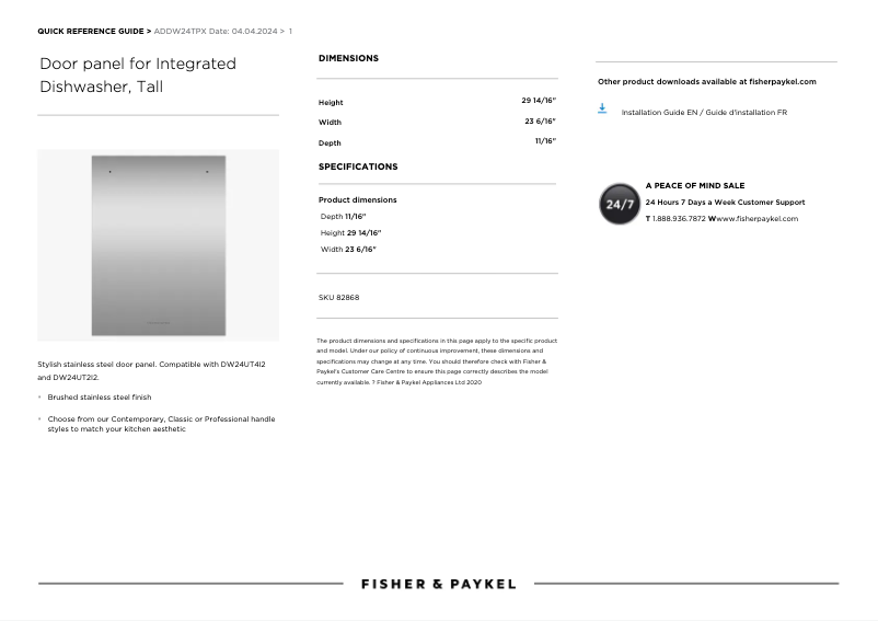 Page 1 de la notice Manuel utilisateur Fisher & Paykel ADDW24TPX