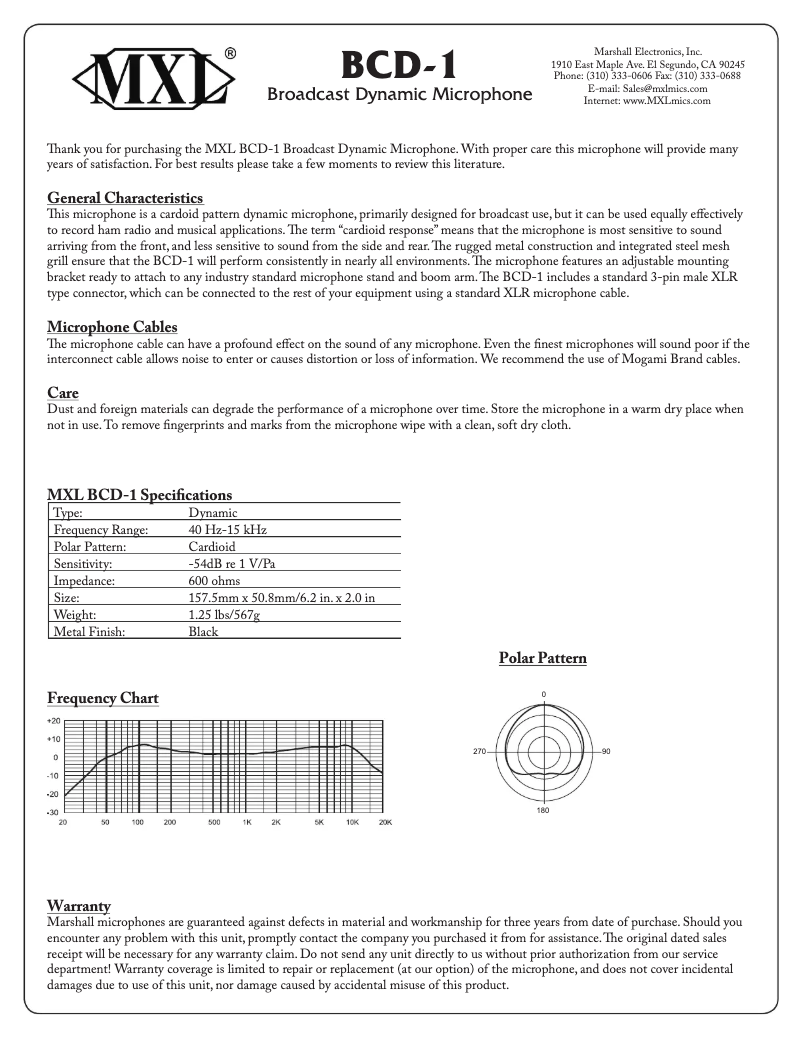 Page 1 de la notice Manuel utilisateur MXL BCD-1