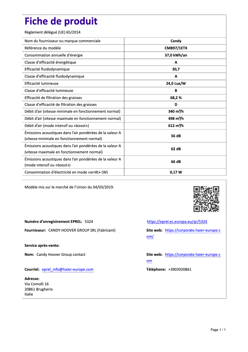 Page 1 de la notice Manuel utilisateur Candy CMB97/1ETX