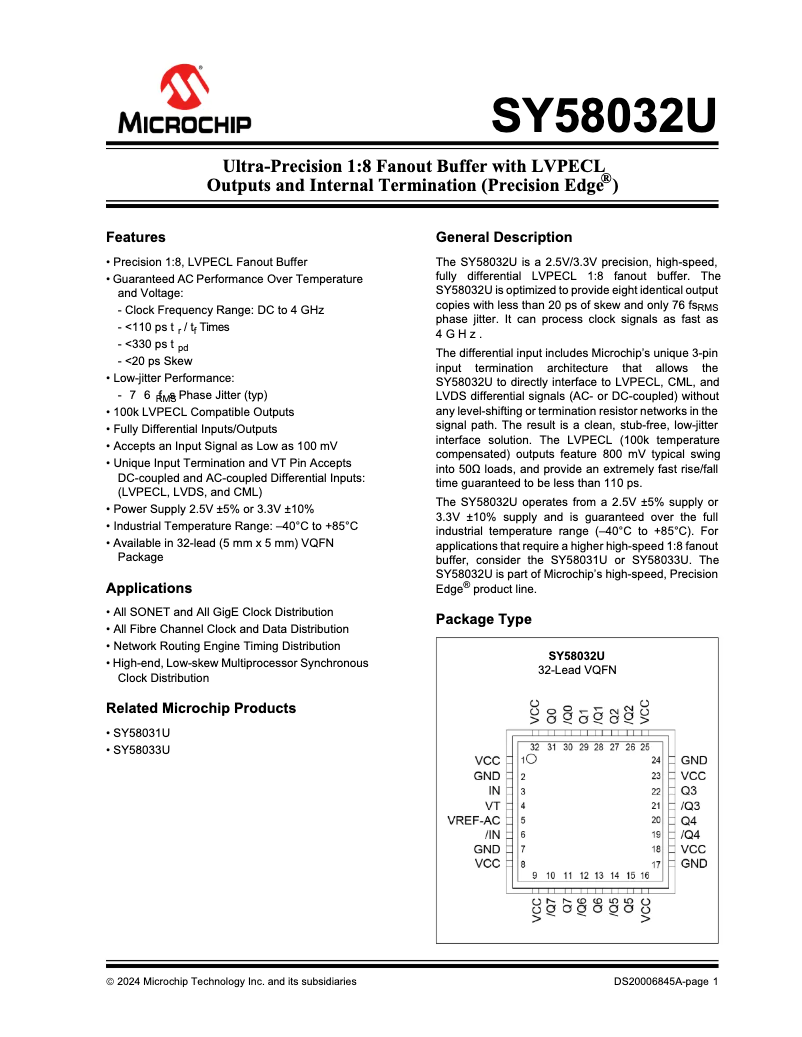 Page 1 de la notice Fiche technique Microchip SY58032U