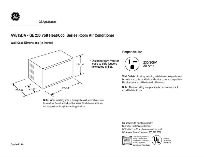 Page 1 de la notice Fiche technique GE AVE15DA