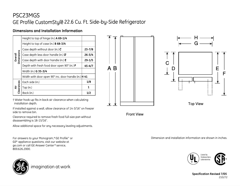 Page n°1 - Fiche technique GE Profile CustomStyle PSC23MGSCC