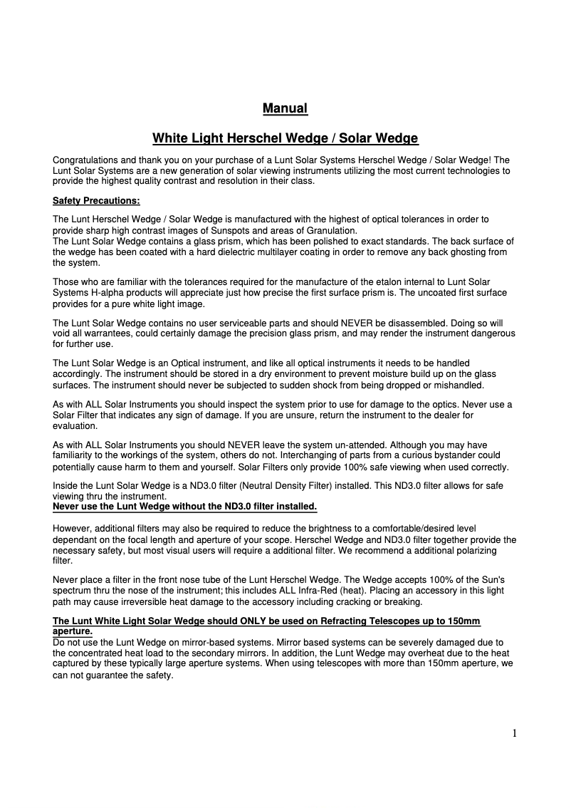 Page 1 de la notice Manuel utilisateur Lunt Solar Systems LS1.25HW