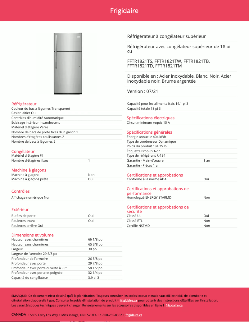 Imagen de la primera página del manual del dispositivo FFTR1821TB