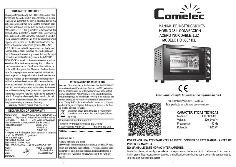 Page n°1 - Manuel utilisateur Comelec HO3807ICL