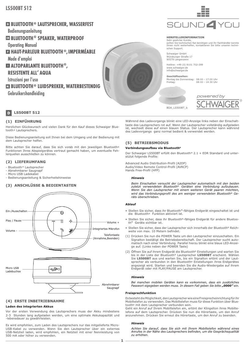 Page n°1 - Manuel utilisateur Schwaiger LS500BT 512