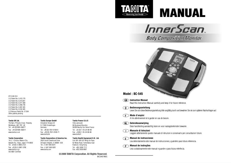 Page n°1 - Manuel utilisateur Tanita InnerScan BC-545