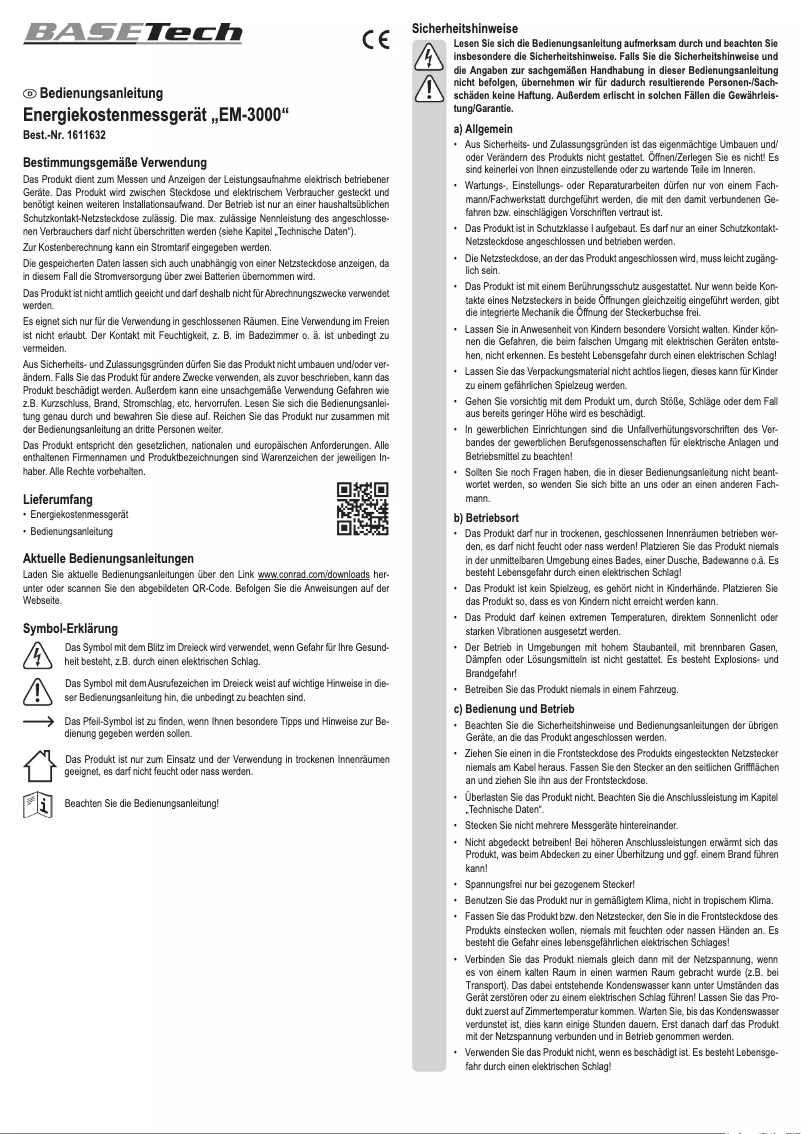 Página 1 del manual Manual de usuario BaseTech EM-3000