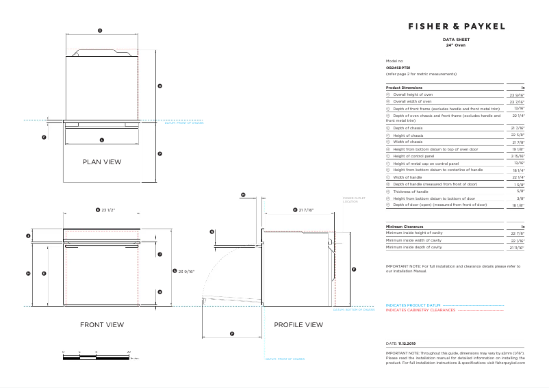 Page 1 de la notice Fiche technique Fisher & Paykel OB24SDPTB1