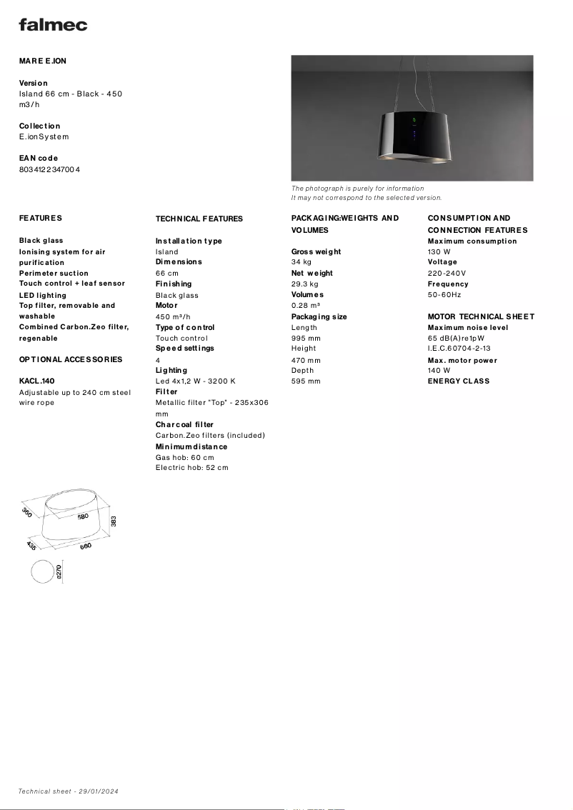 Page 1 de la notice Fiche technique Falmec Mare E.Ion