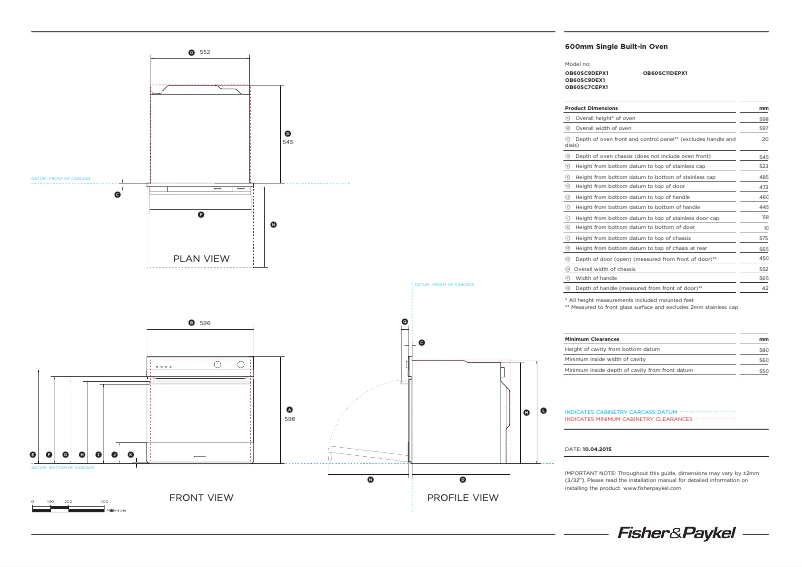 Page 1 de la notice Fiche technique Fisher & Paykel OB60SC7CEPX1