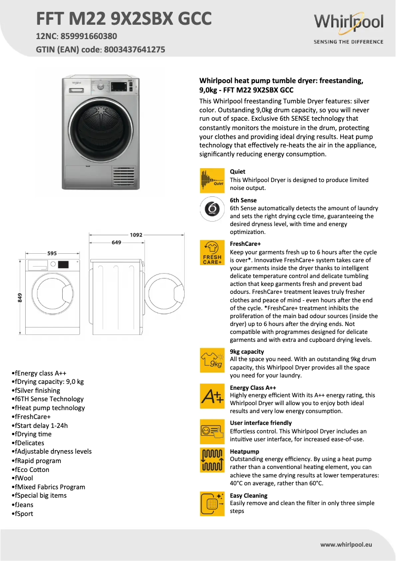 Page n°1 - Fiche technique Whirlpool FFT M22 9X2SBX GCC