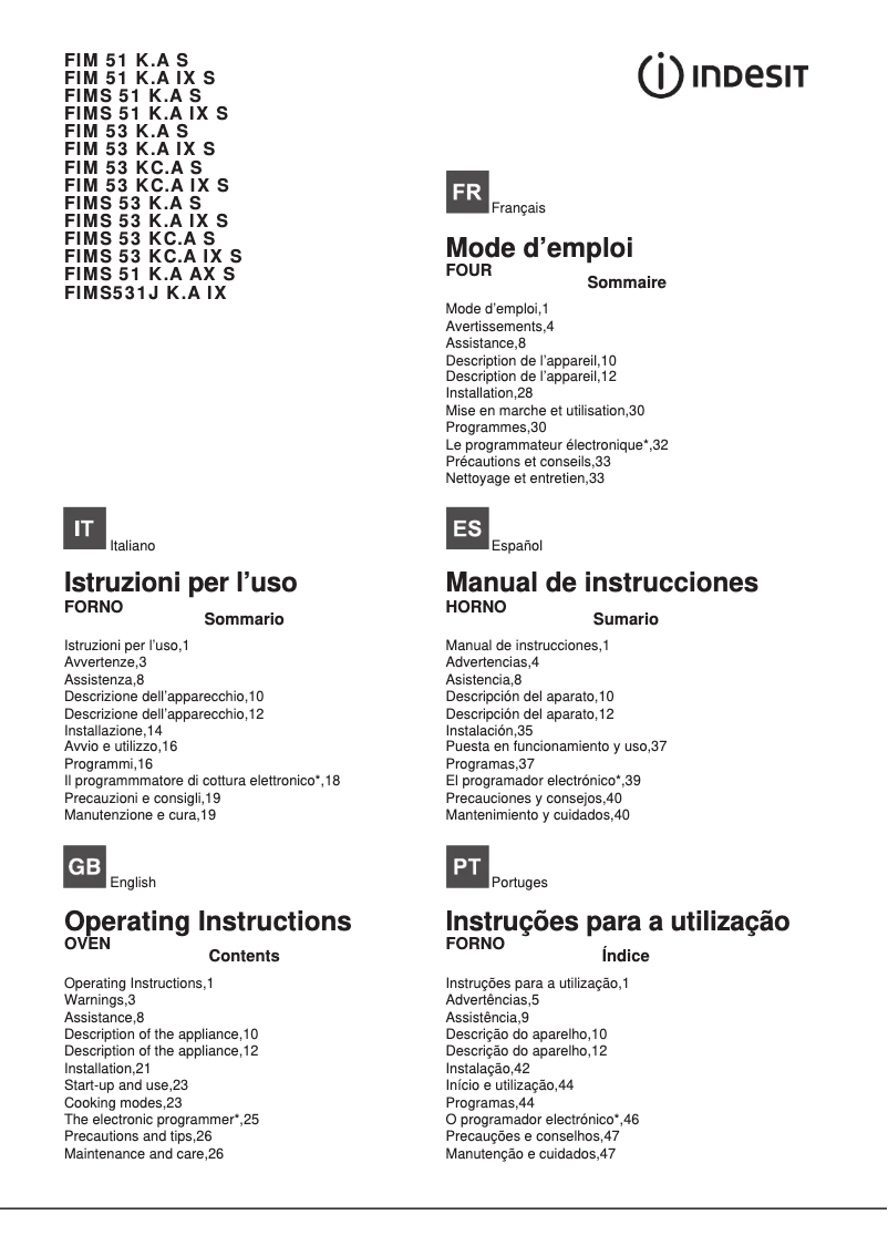 Page n°1 - Manuel utilisateur Indesit FIM 53 K.A (BK) S