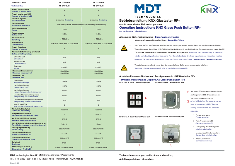 Page 1 de la notice Manuel utilisateur MDT RF-GTT8W.01