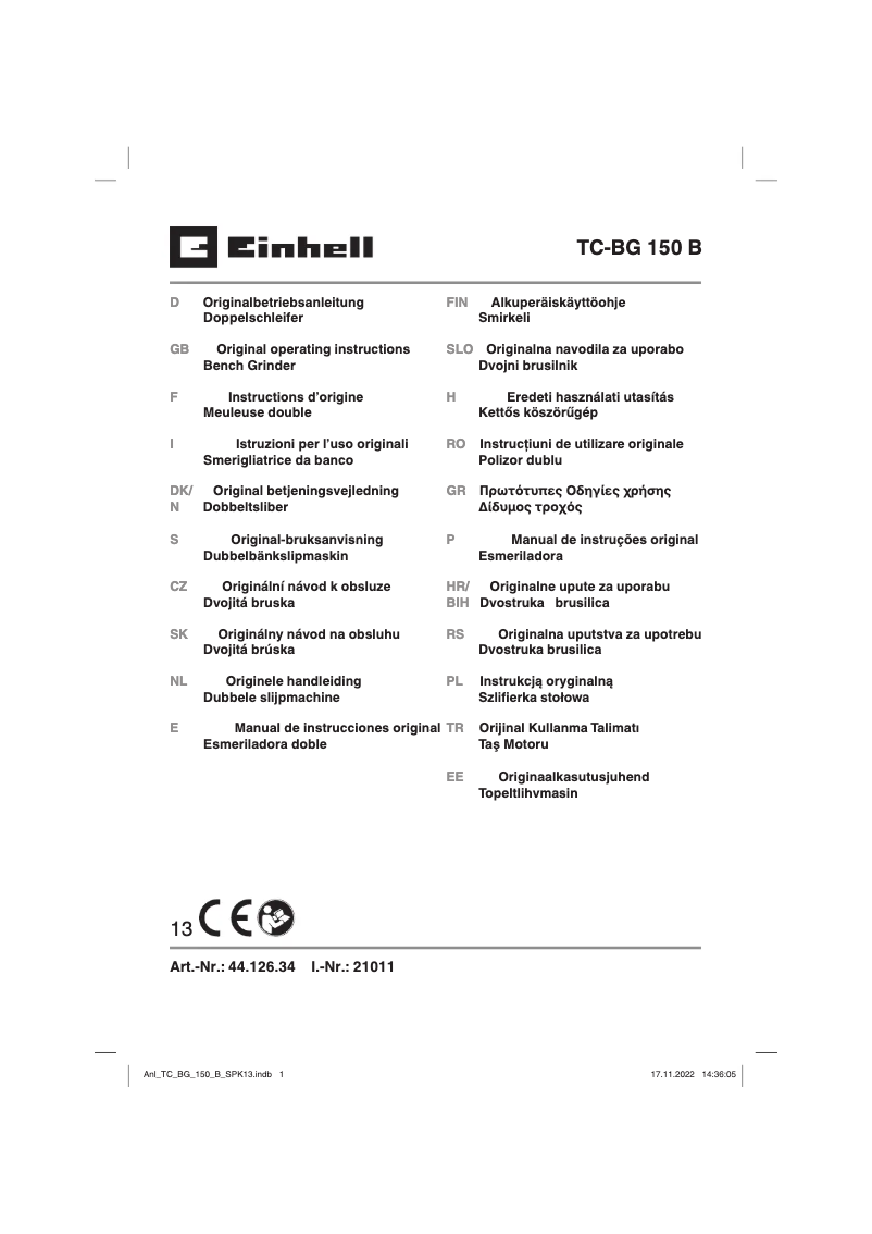 Page 1 de la notice Manuel utilisateur Einhell TC-BG 150 B