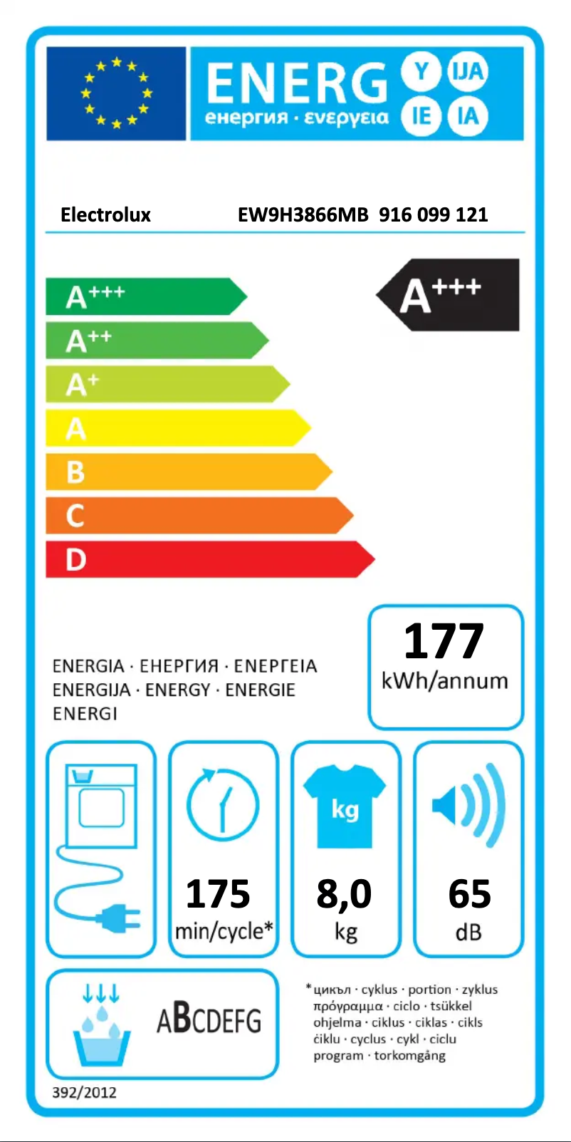 Page 1 de la notice Label énergétique Electrolux EW9H3866MB