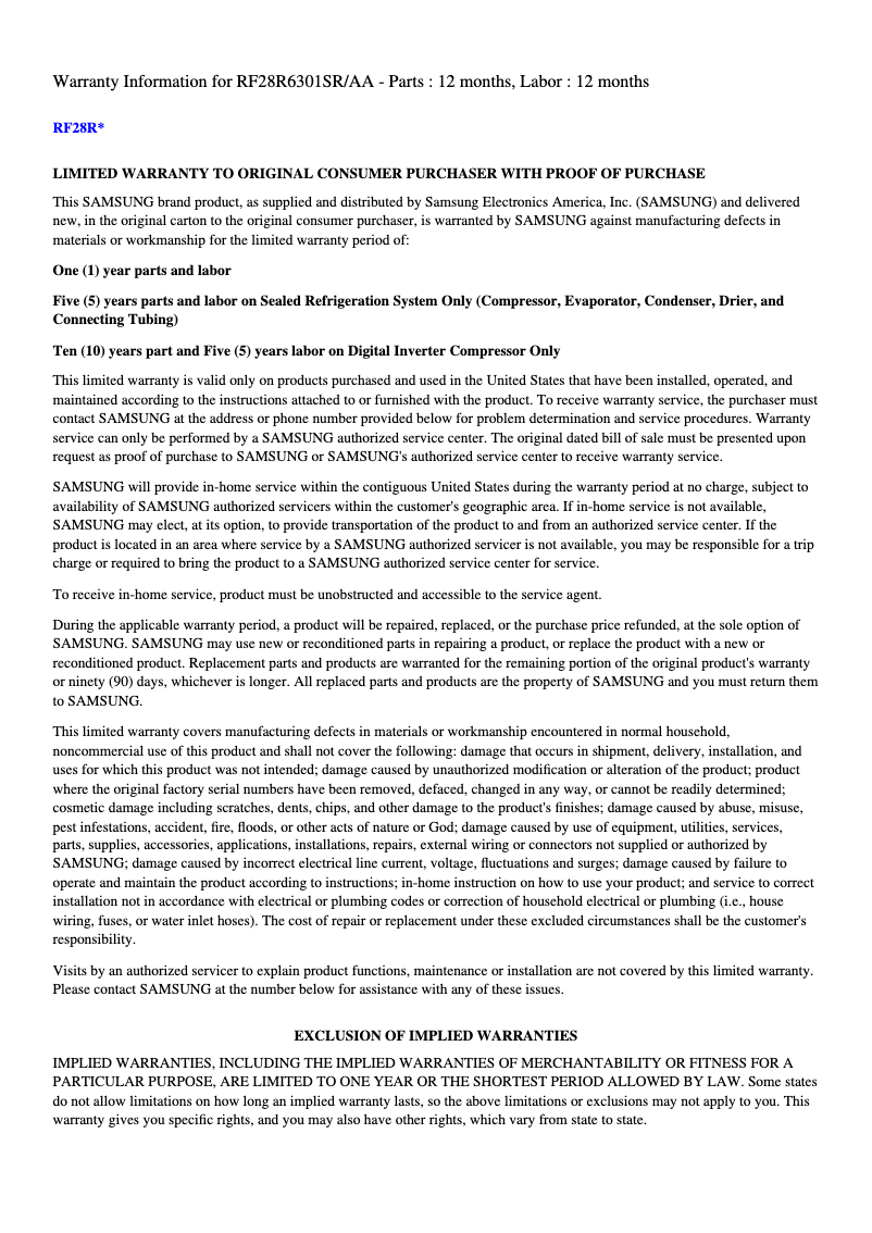 Page 1 de la notice Informations de garantie Samsung RF28R6301SG