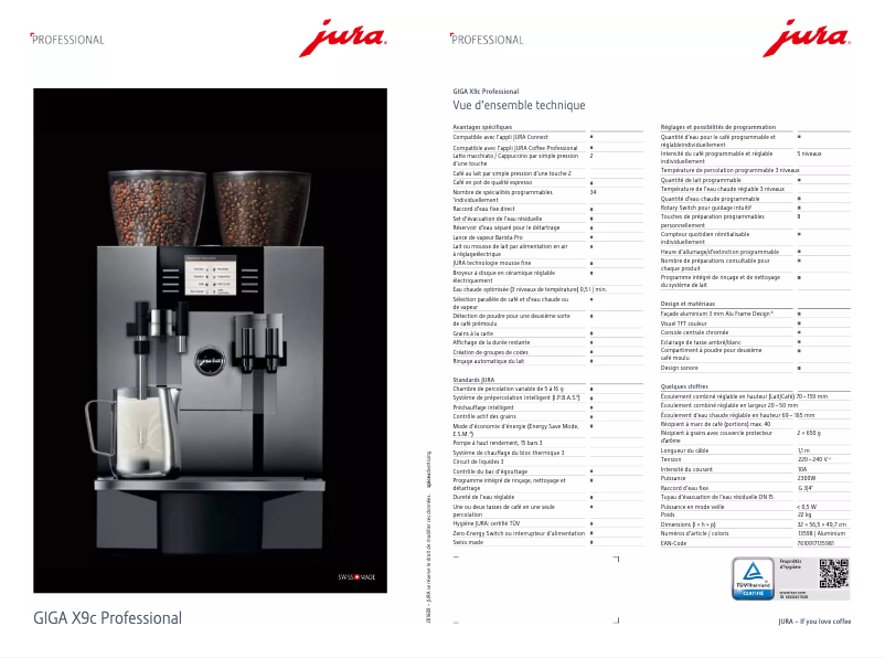 Page 1 de la notice Fiche technique Jura GIGA X9c Professional