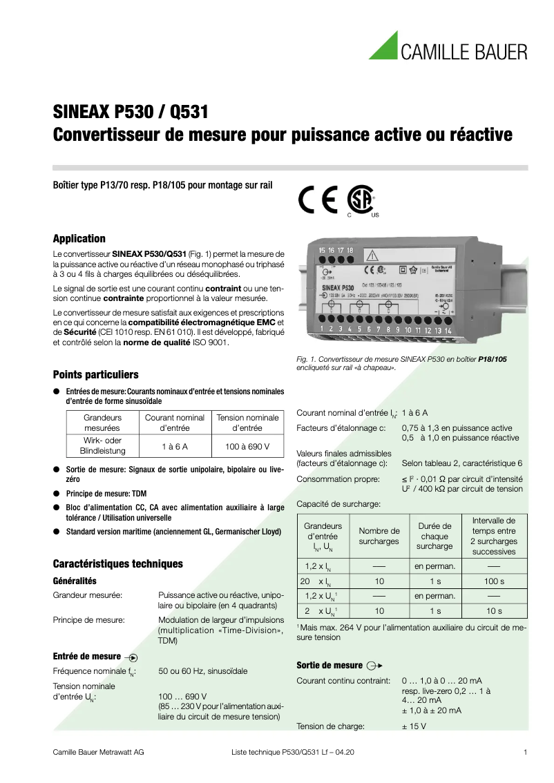 Page n°1 - Fiche technique Camille Bauer SINEAX P530