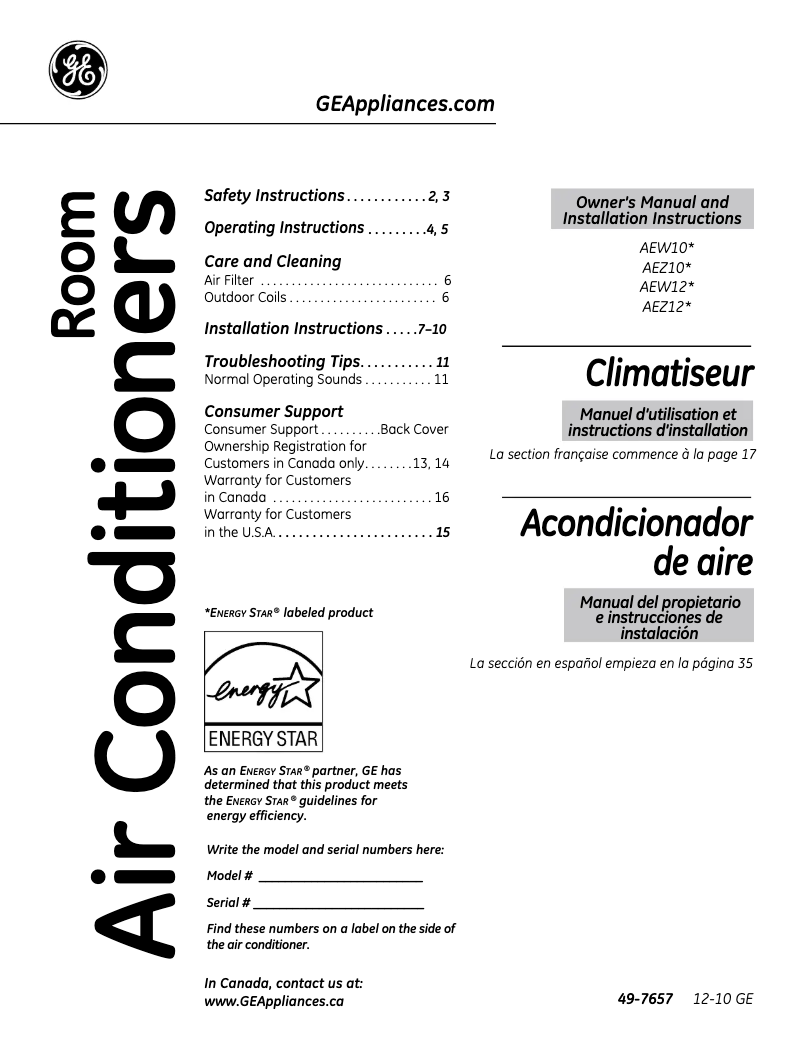 Page 1 de la notice Guide d'installation GE AEW10AQ