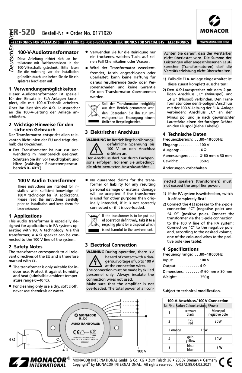 Page n°1 - Manuel utilisateur Monacor TR-520