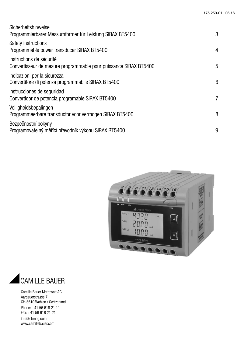 Page n°1 - Instructions de sécurité Camille Bauer SIRAX BT5400