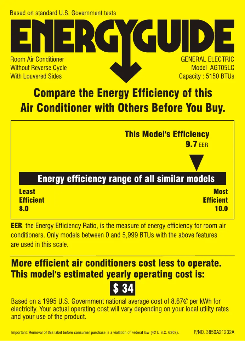 Page 1 de la notice Label énergétique GE AGT05LC
