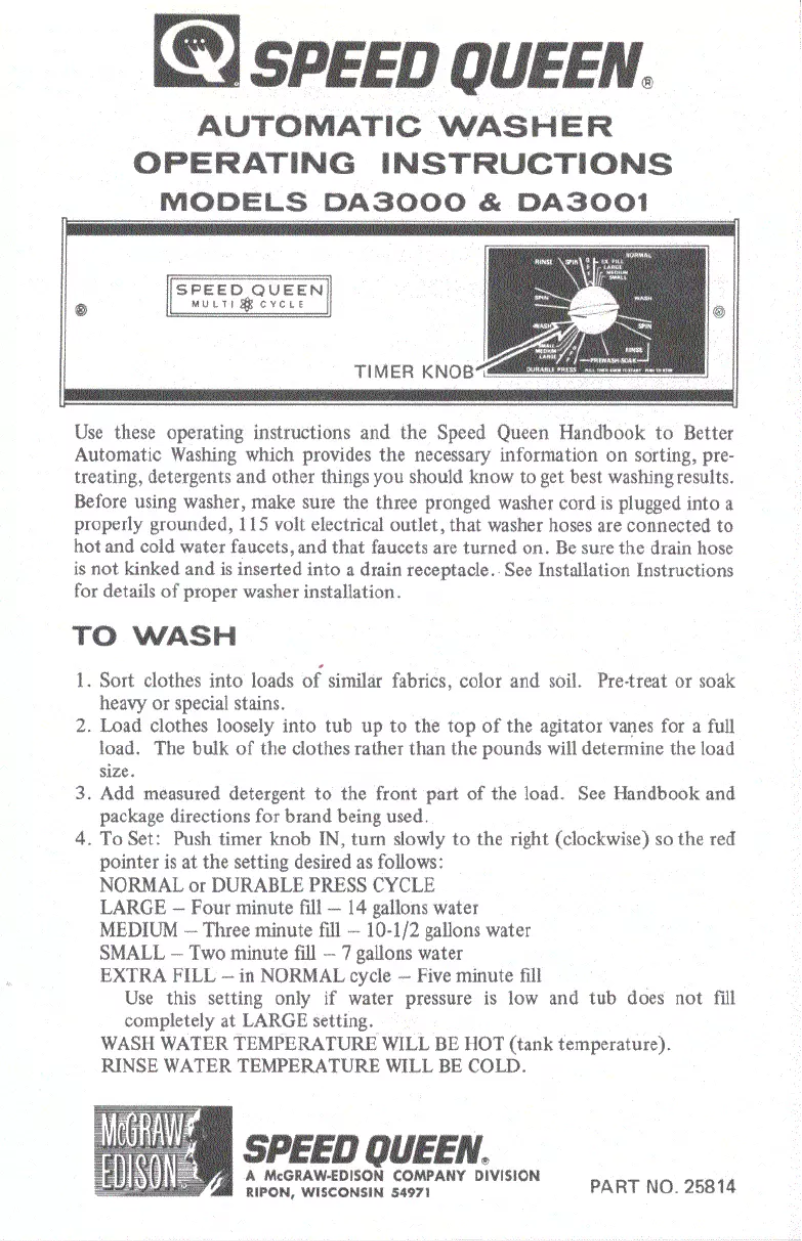 Page 1 de la notice Manuel utilisateur Speed Queen DA3001