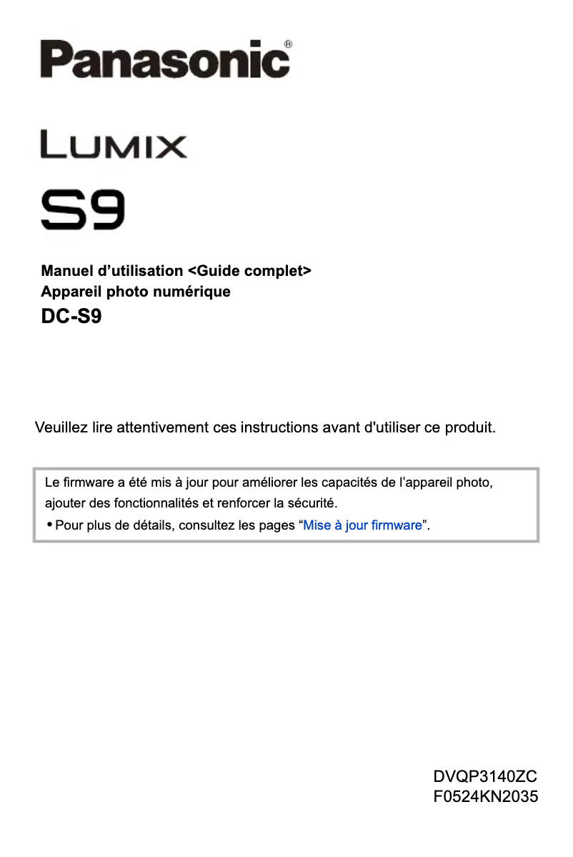 Page 1 de la notice Manuel utilisateur Panasonic Lumix DC-S9