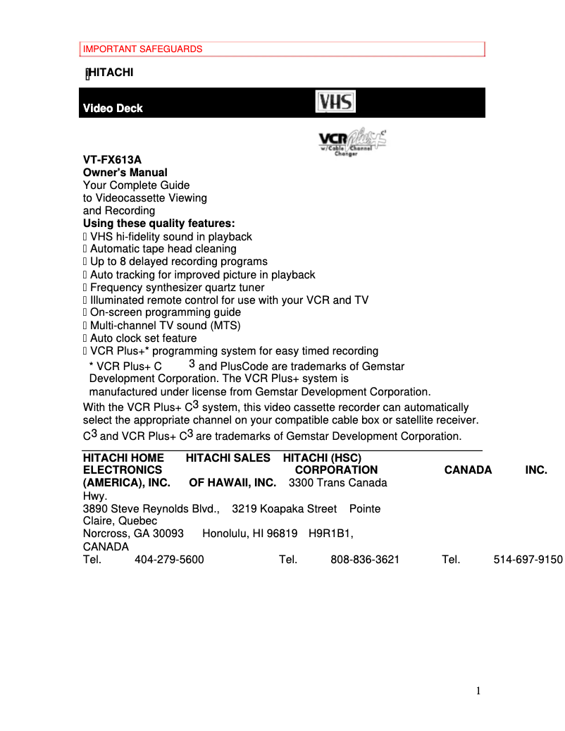 Page 1 de la notice Manuel utilisateur Hitachi VT-FX613A