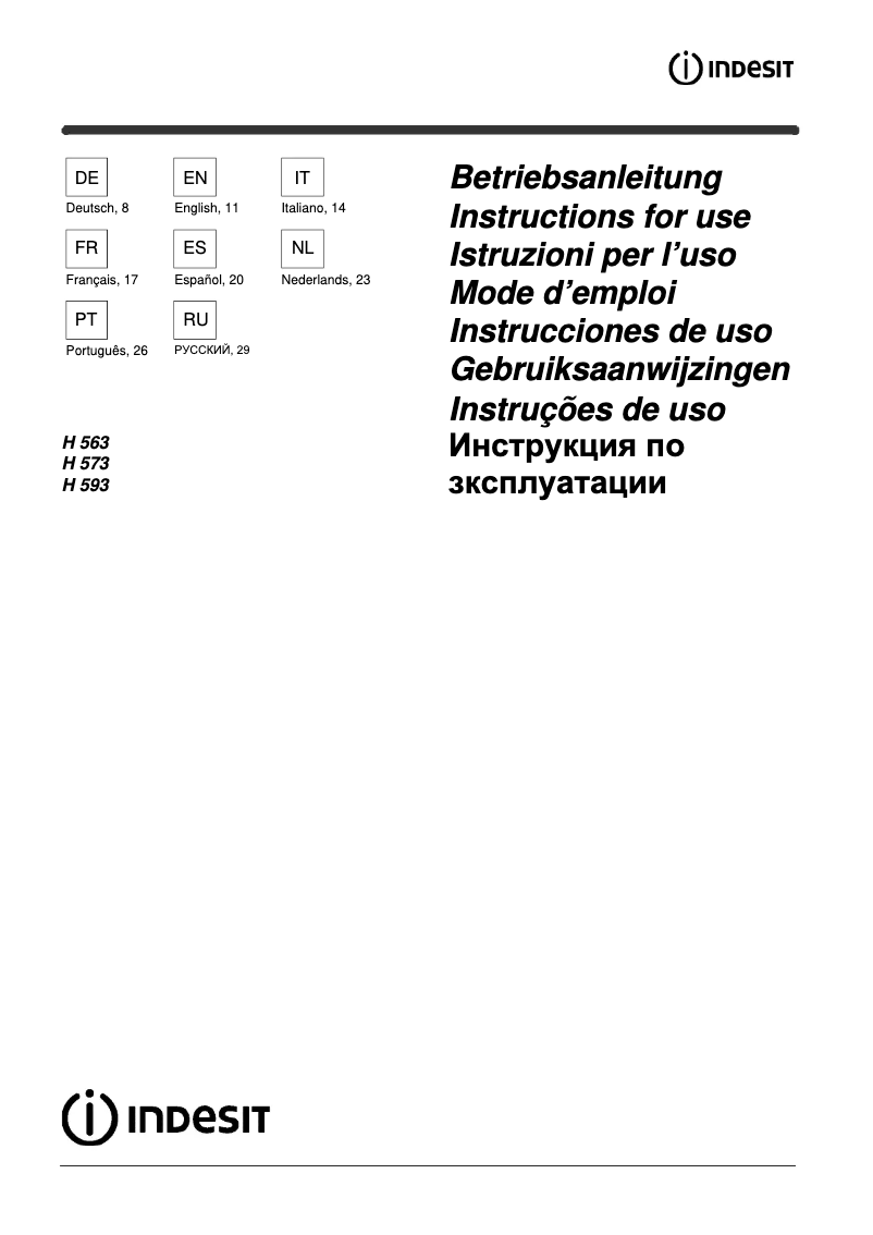 Page 1 de la notice Manuel utilisateur Indesit H 563