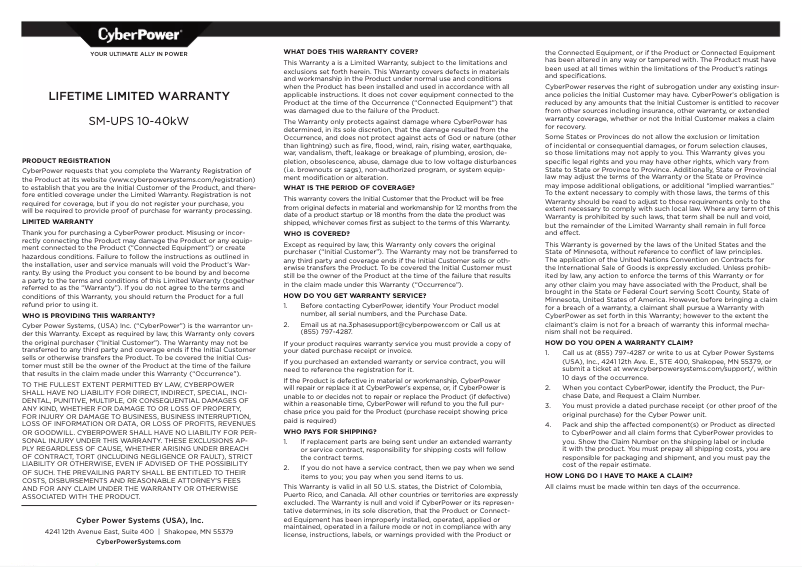 Page 1 of the manual Warranty Information CyberPower SM040KAMFA