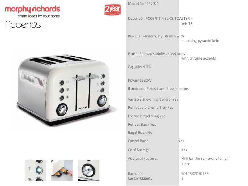 Page 1 de la notice Fiche technique Morphy Richards Accents 242021