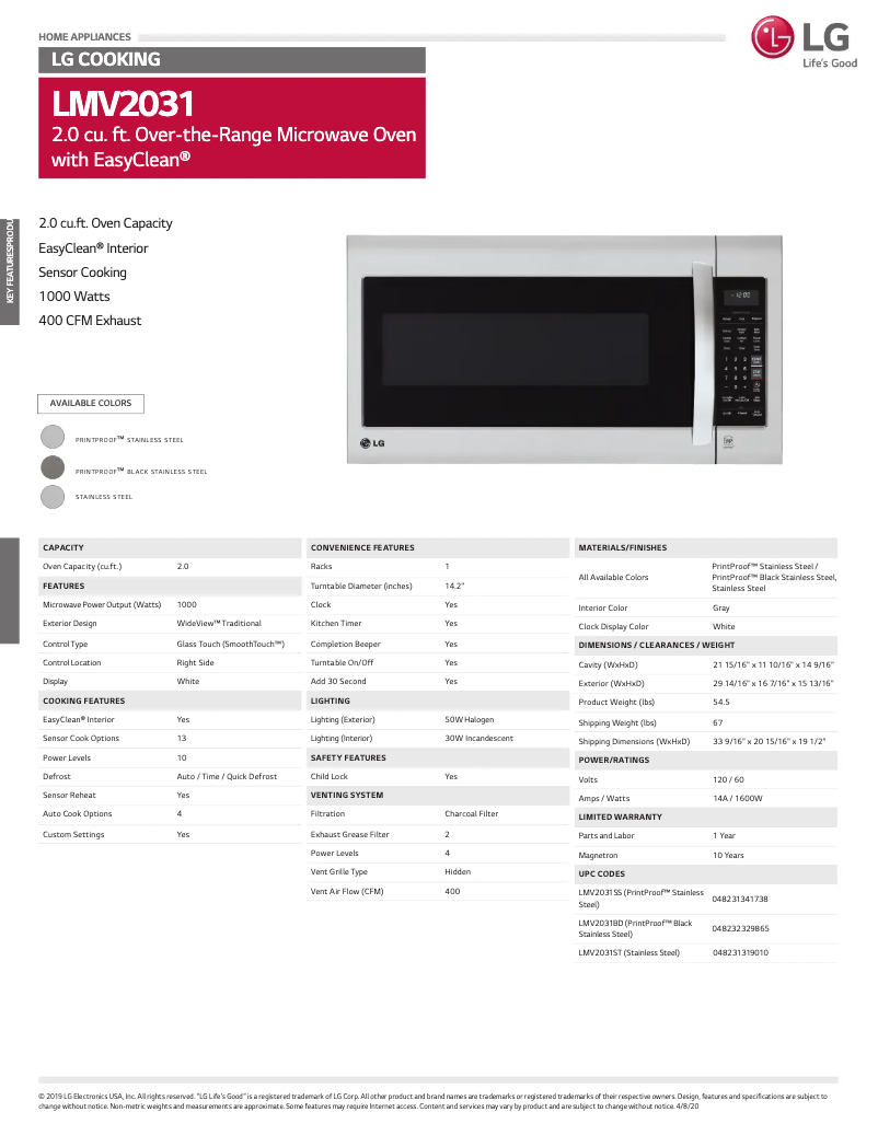 Page 1 de la notice Fiche technique LG LMV2031SS