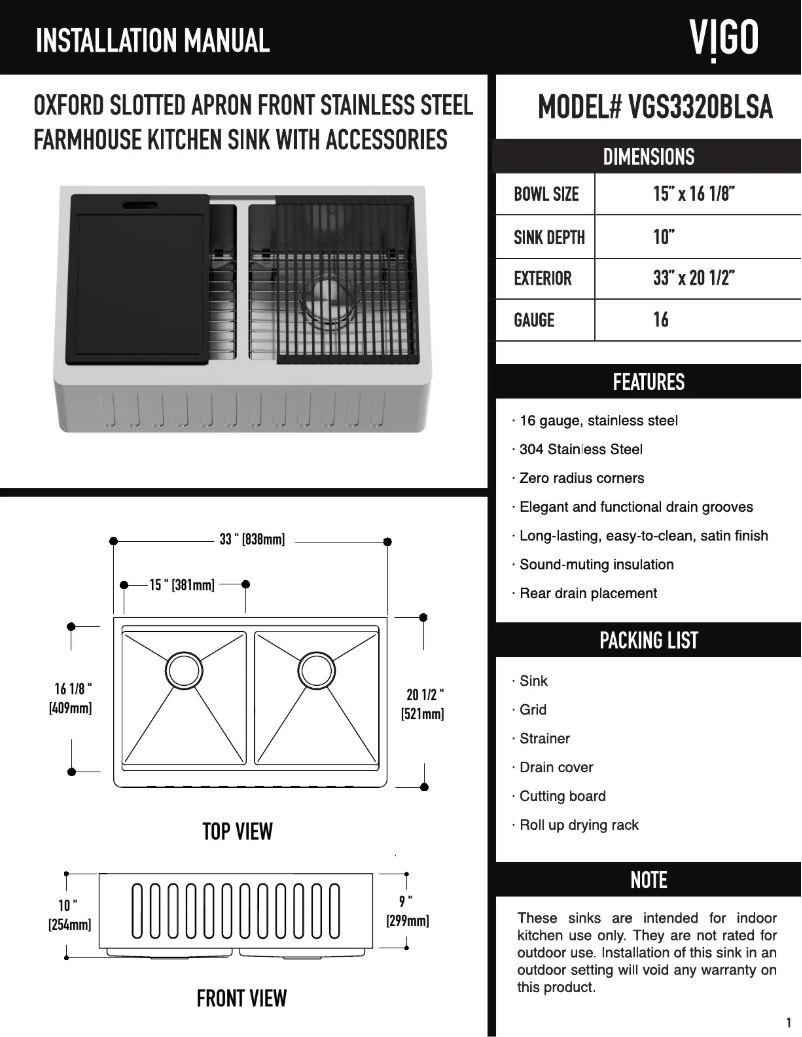Page 1 de la notice Manuel utilisateur Vigo Oxford VGS3320BLSA