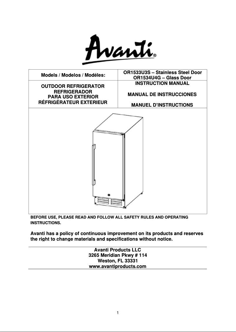 Page 1 de la notice Manuel utilisateur Avanti OR1533U3S