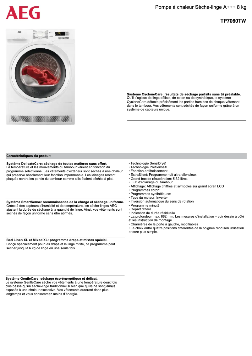 Página 1 del manual Ficha técnica AEG TP7060TW
