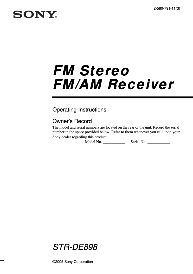 Page 1 de la notice Manuel utilisateur Sony STR-DE898