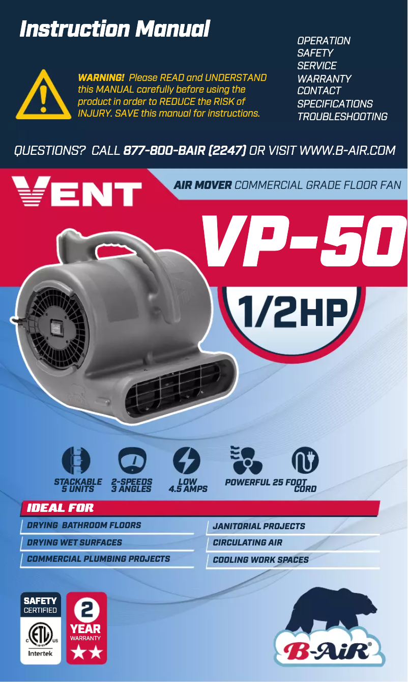 Página 1 del manual Manual de usuario B-Air Vent VP-50