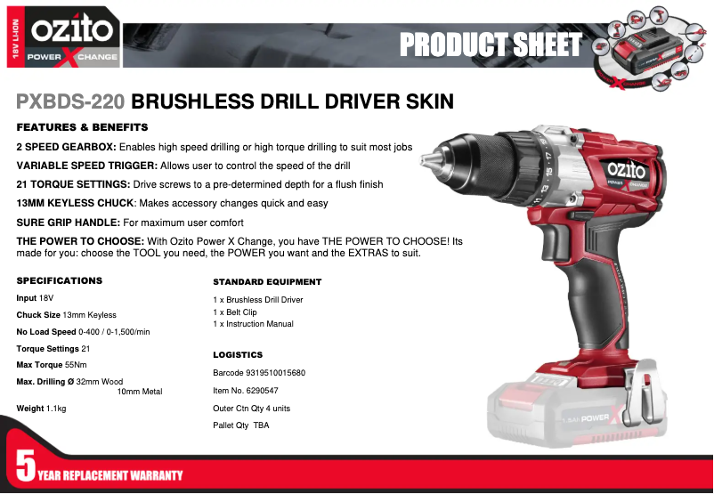 Page 1 de la notice Fiche technique Ozito PXBDS-220