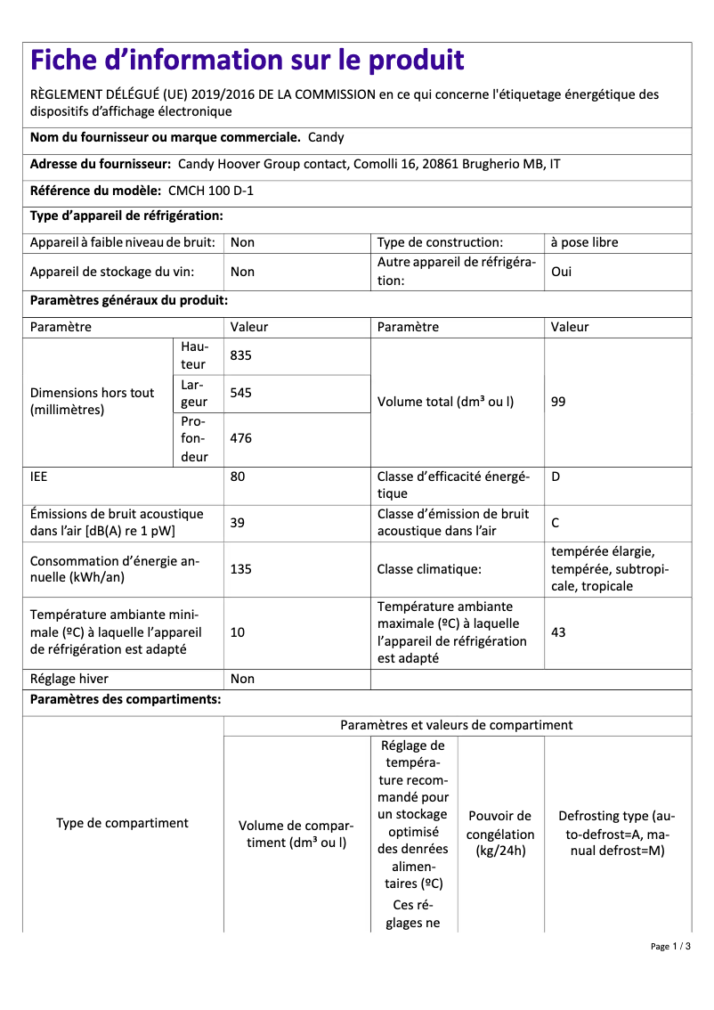 Image de la première page du manuel de l'appareil CMCH 100 D-1