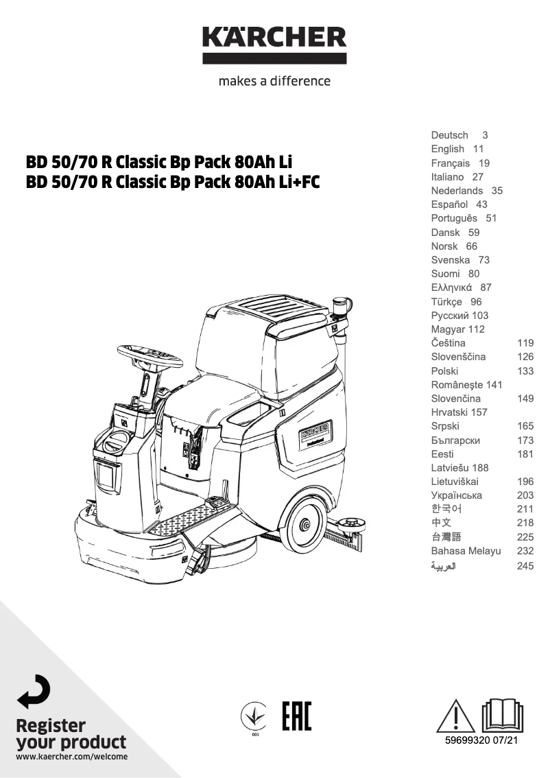 Page 1 de la notice Manuel utilisateur Kärcher BD 50/70 R Classic