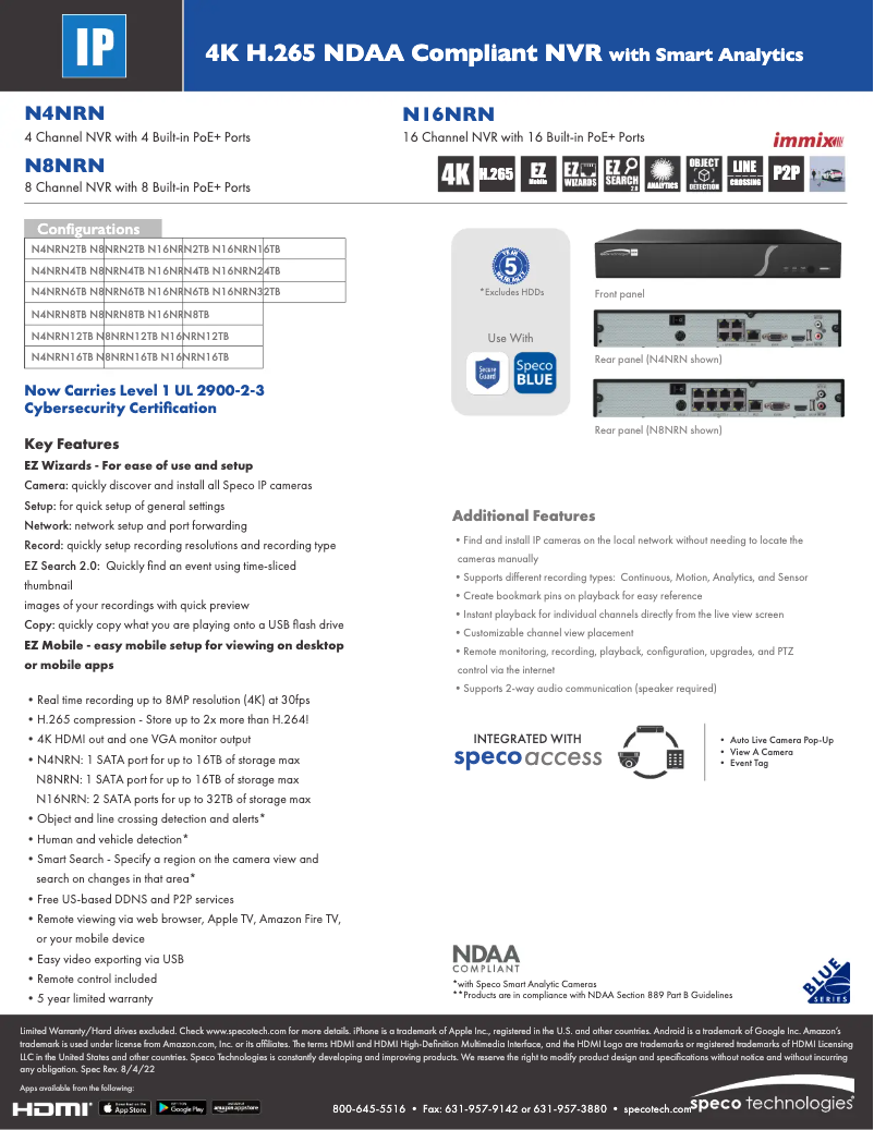 Page 1 de la notice Fiche technique Speco Technologies N4NRN