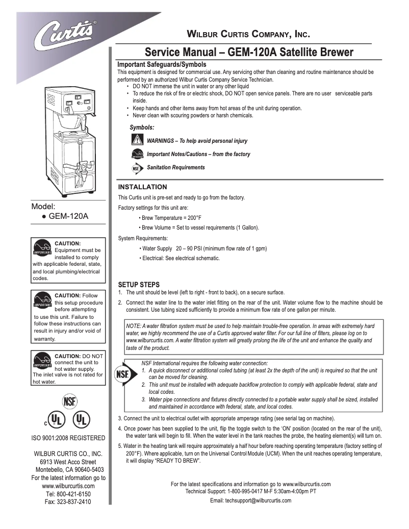 Page 1 de la notice Manuel utilisateur Wilbur Curtis G4GEMS10