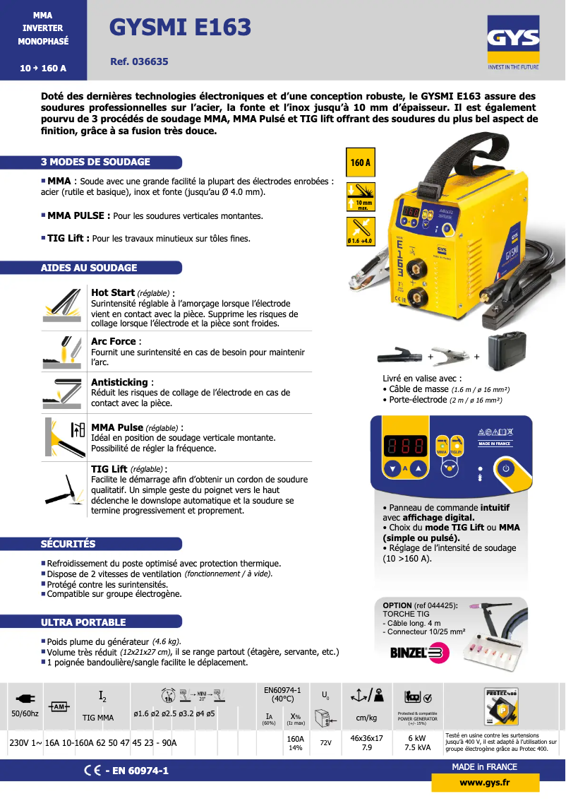 Page n°1 - Fiche technique GYS GYSMI E163