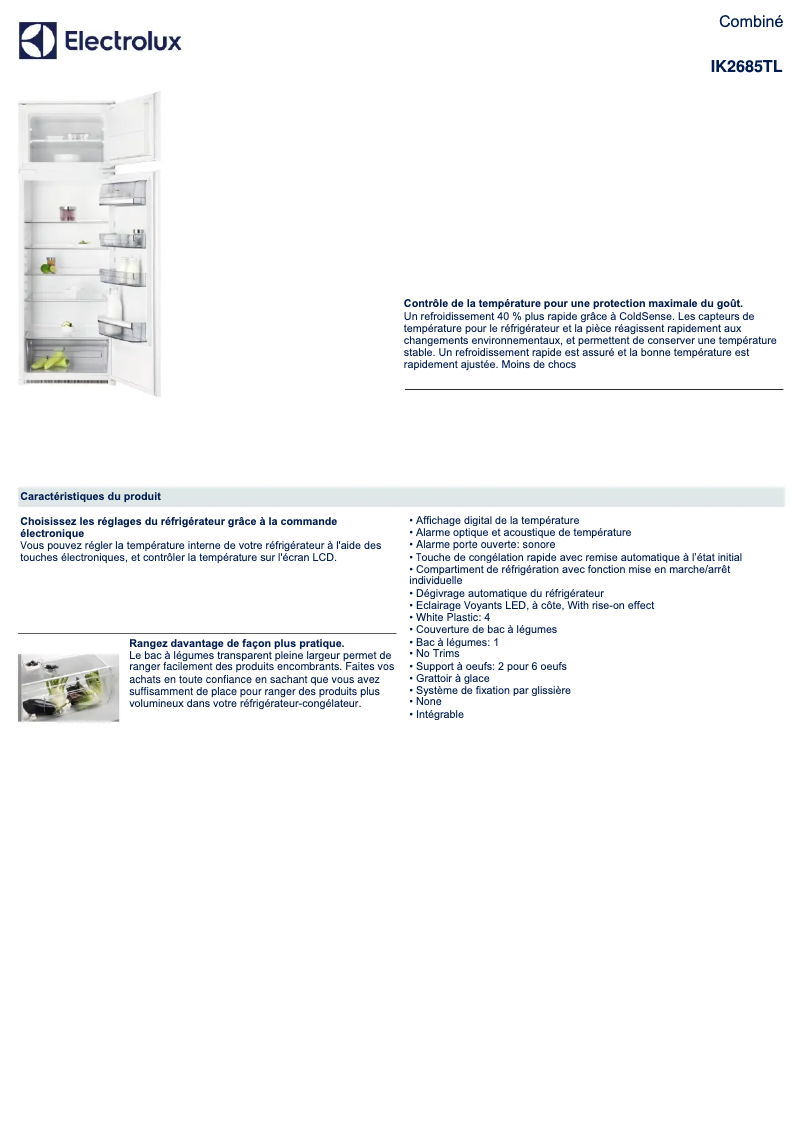 Page 1 de la notice Fiche technique Electrolux IK2685TL