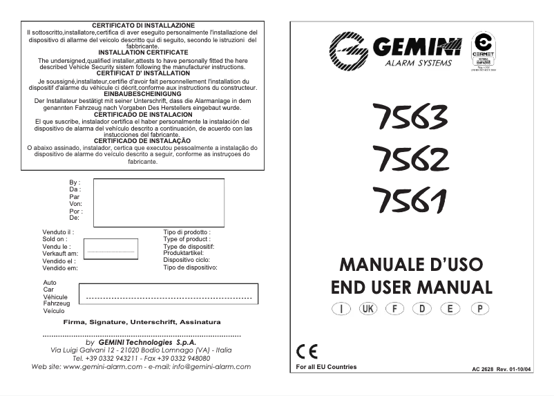 Page 1 de la notice Manuel utilisateur Gemini 7562